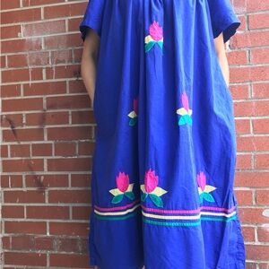 Vintage cobalt blue dress with floral appliqués